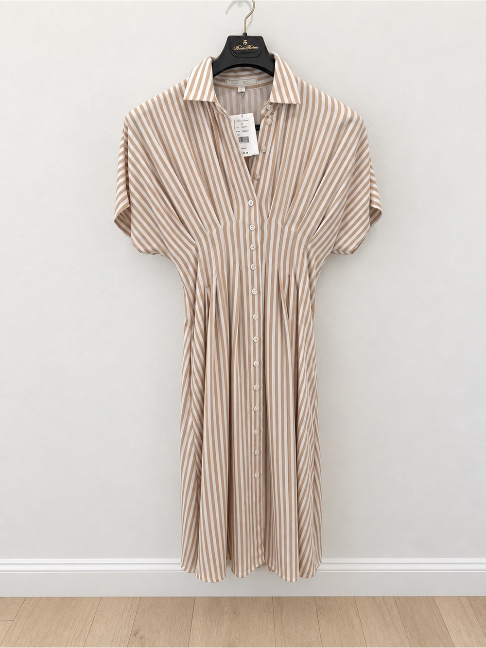 Brooks Brothers Beige and White Striped Midi Shirt Dress